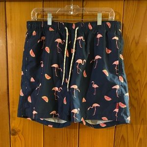 Flamingo and watermelon men’s swimming trunks, size Large